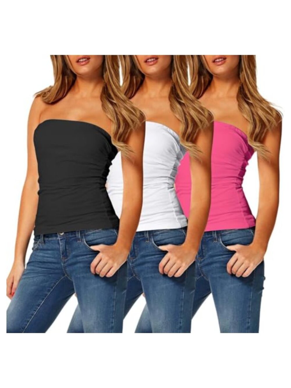 Strapless Long Tube Top 3 Pack Cotton Spandex Bandeau Crop Camisole